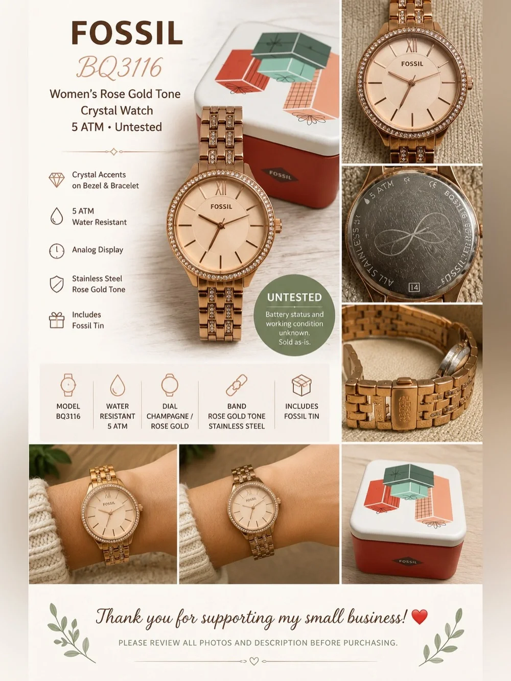 Fossil BQ3116 Women’s Rose Gold Tone Crystal Watch 5 ATM w/ Tin Untested